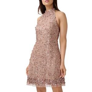 Aidan Mattox Beaded Halter Low Back A-Line Mini Cocktail Dress Copper Size 8